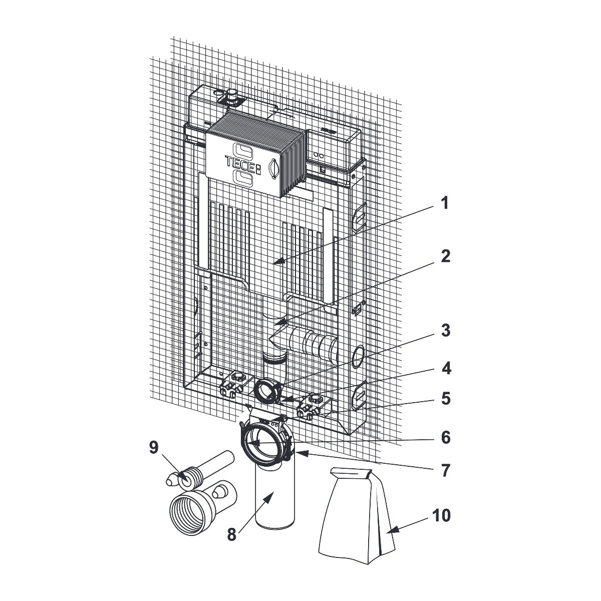 TECE TECEbox WC-inbouwframe met Octa II-reservoir, 8 cm, voor hangend toilet, met aansluiting voor geurafzuiging, bouwhoogte 1075 mm