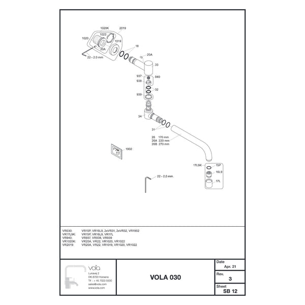Vola onderdelentekening uitloop 030 (vanaf 2021)