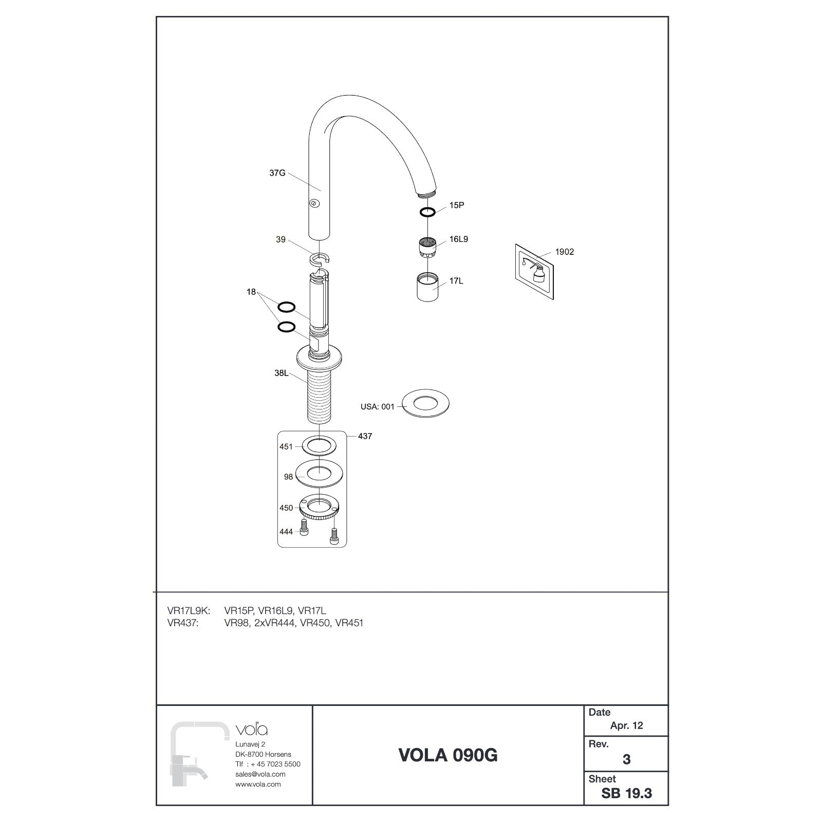 Vola 090G uitloop onderdelentekening