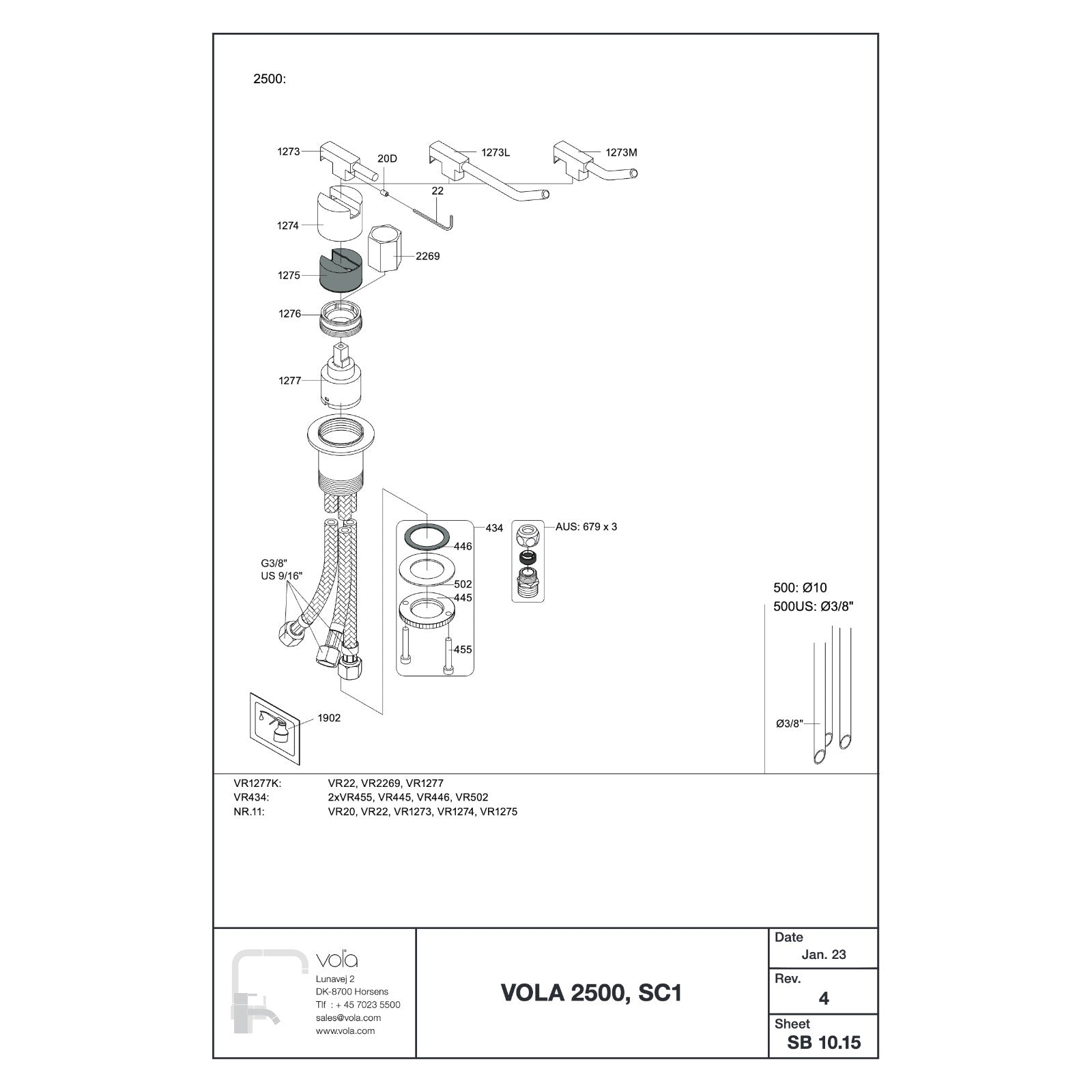 Vola 2500 onderdelentekening (SB 10.15 rev. 4, 2023)