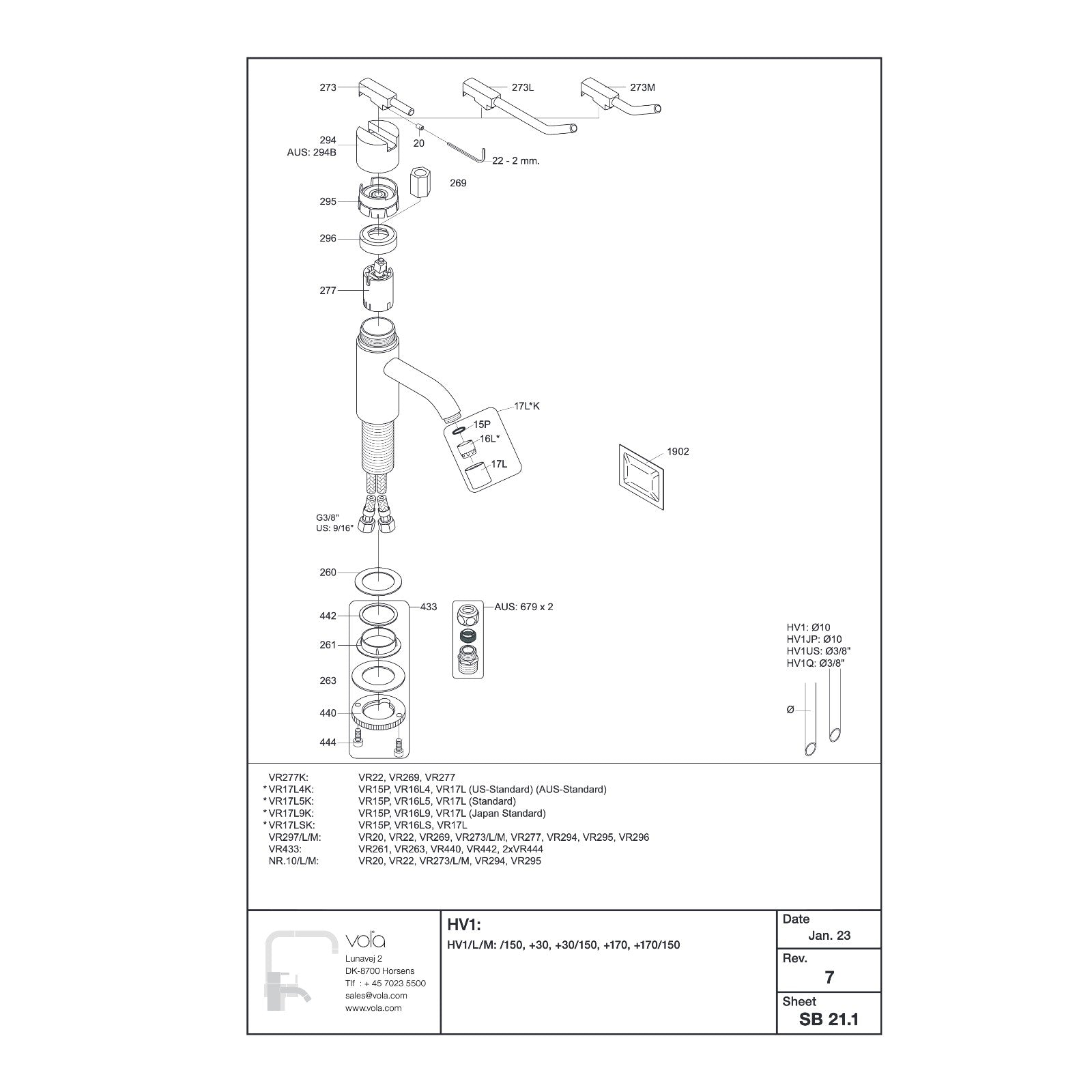 Vola HV1 onderdelentekening (SB 21.1 rev. 7, 2023)