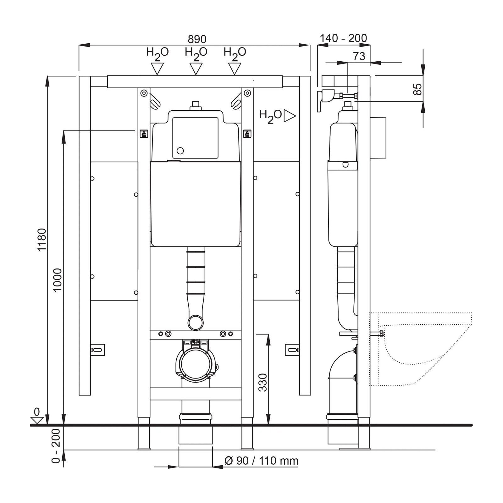 Wisa XS-L WC front 118 cm met steunbeugelelementen
