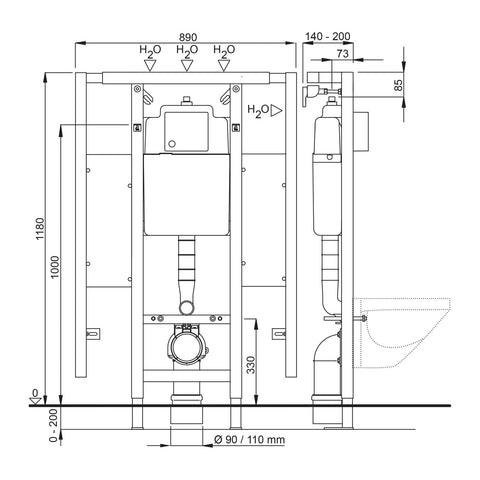 Wisa XS-L WC front 118 cm met steunbeugelelementen