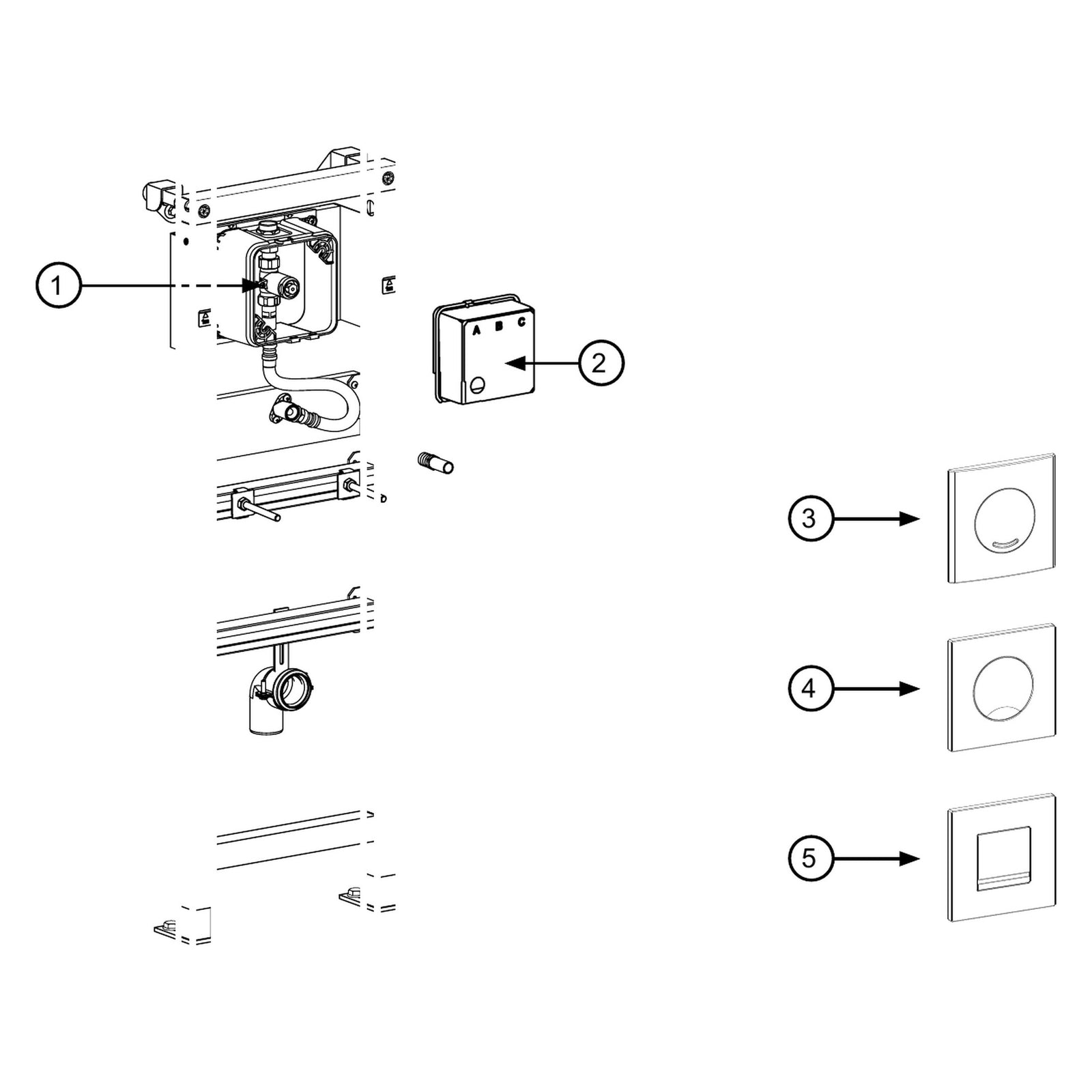 Explosietekening onderdelen XS urinoirelement mechanisch (XS panelen) met positienummers