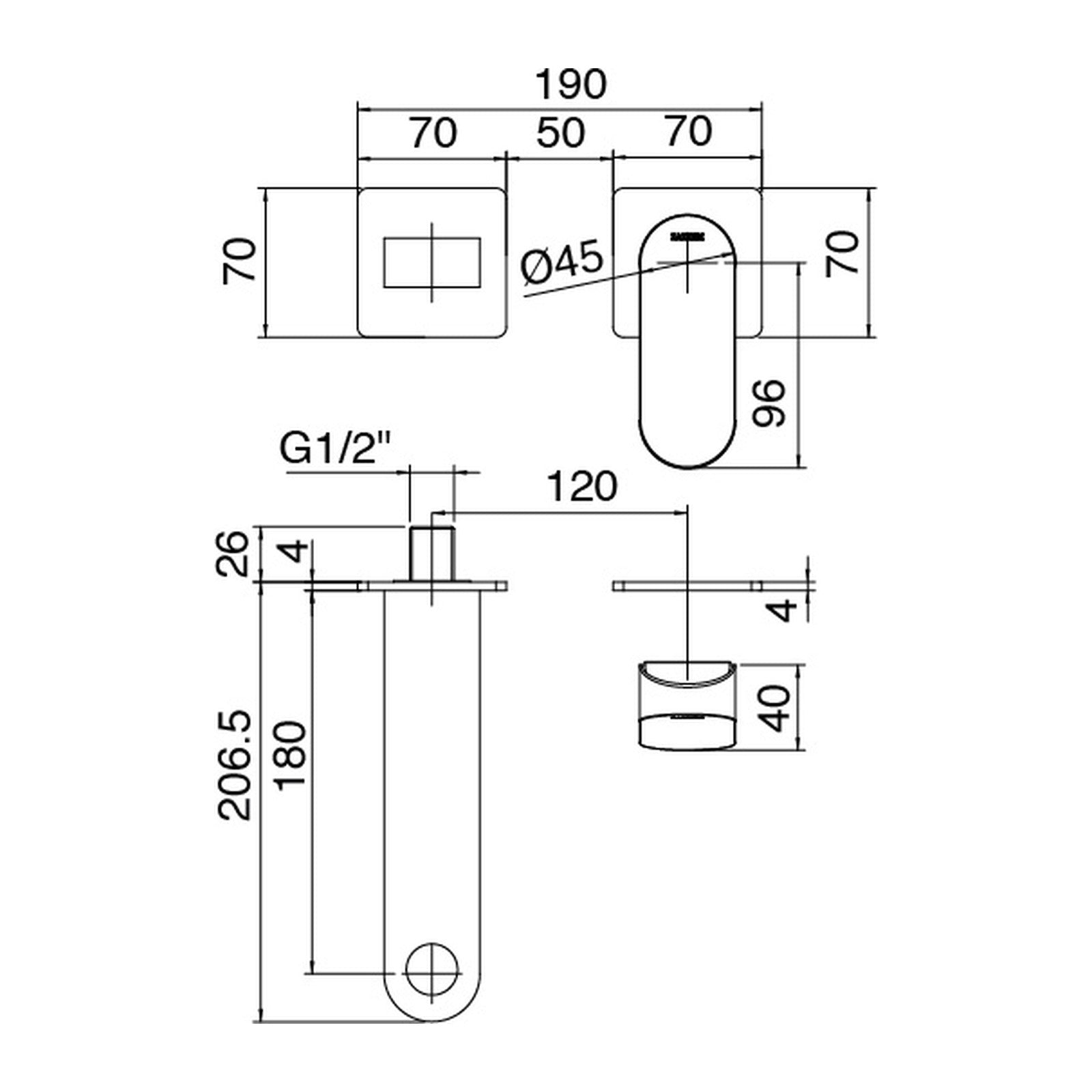 Maattekening Zazzeri Trend X afbouwdeel wastafelkraan 3101A113A00