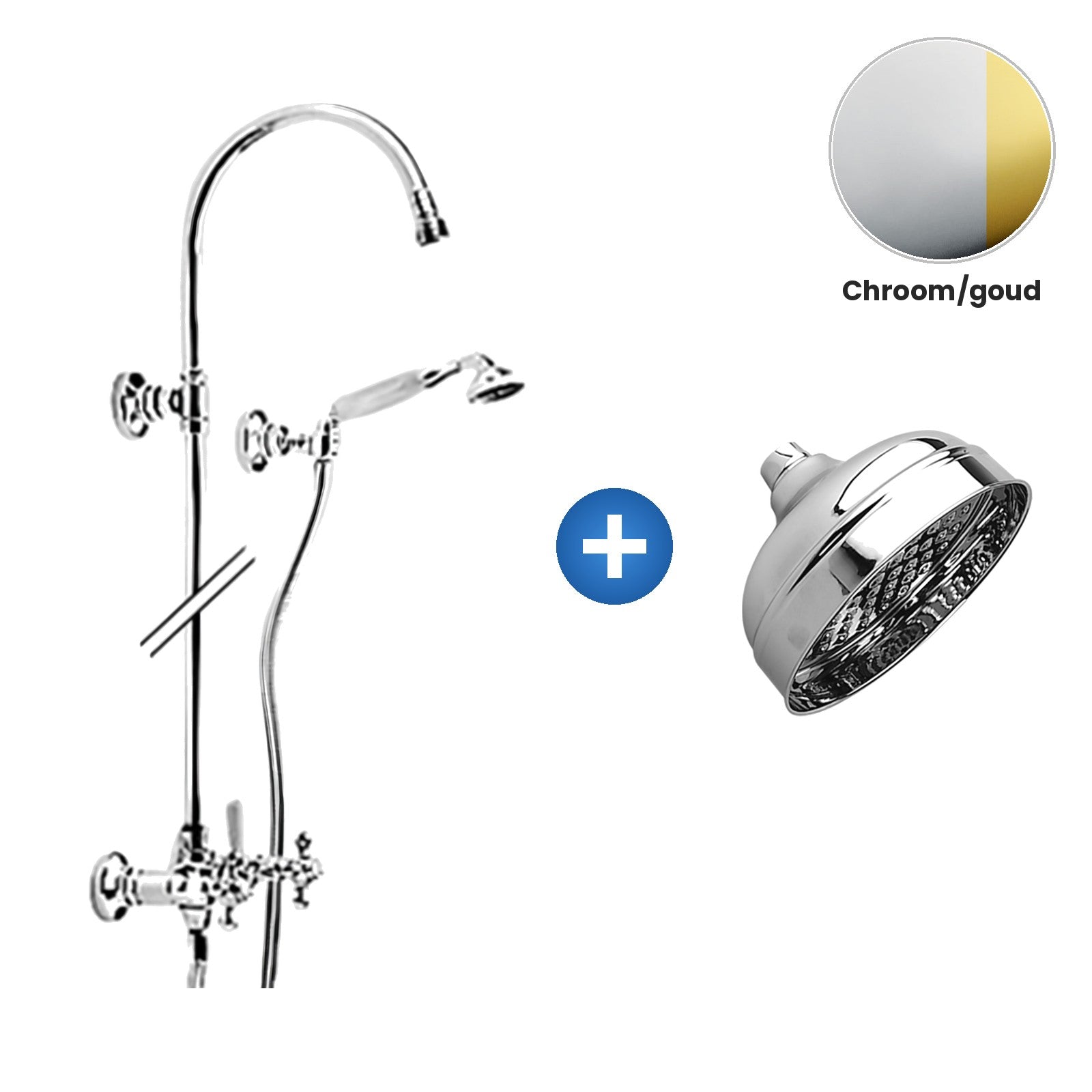 Zazzeri 800/802 opbouw douchesysteem met hoofddouche Ø 150 mm en handdouche chroom/goud