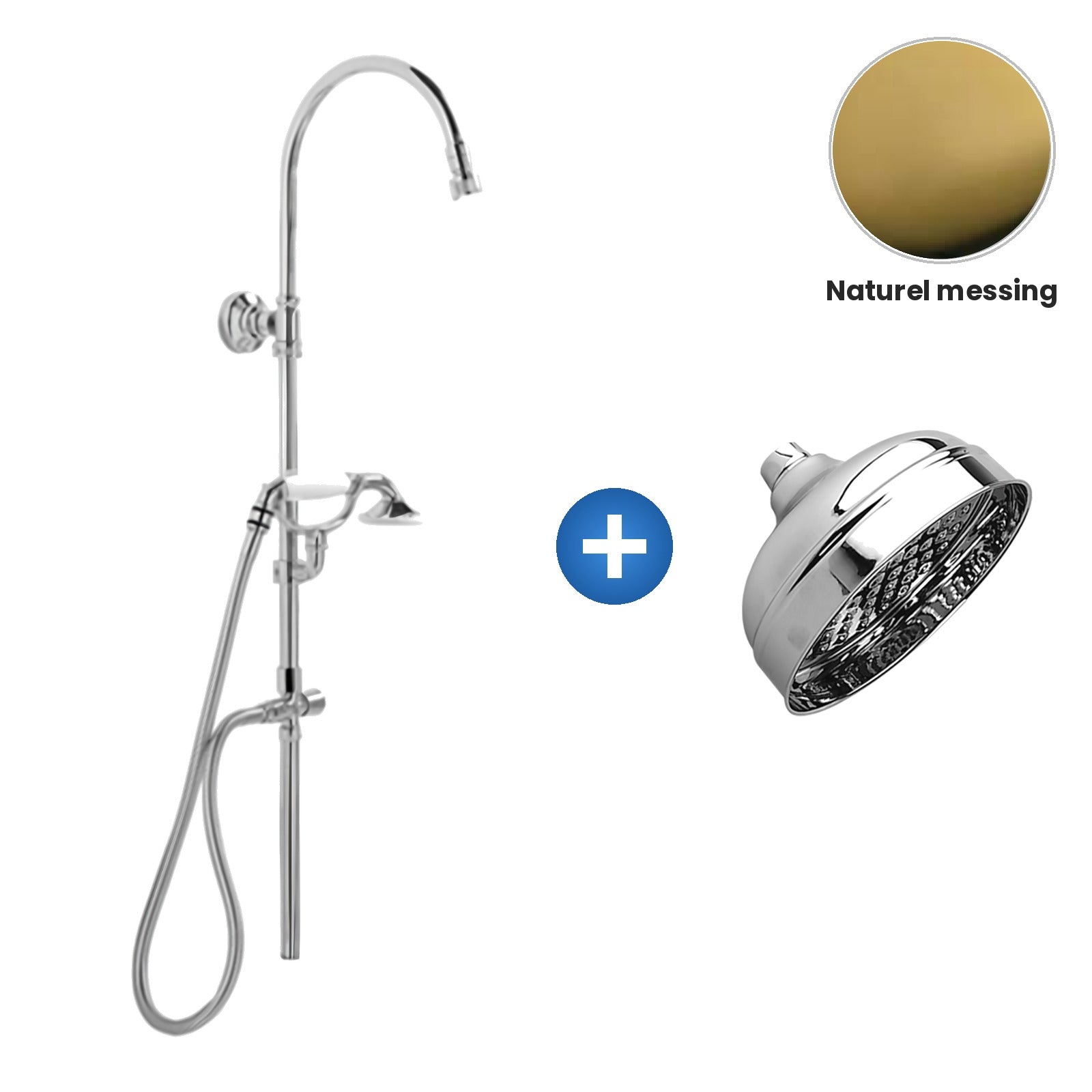 Zazzeri 800 / Kent douchecombinatie met hoofddouche Ø 150 mm en handdouche – Naturel messing
