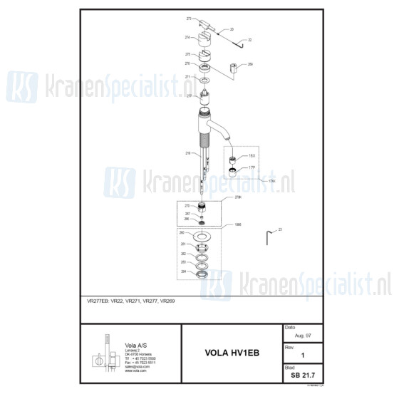 Vola Onderdelen Wastafelkraan Type HV1EB Monoknop voor drukloze boiler