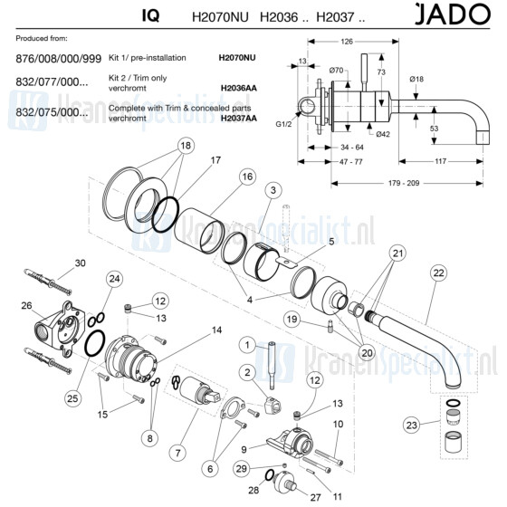 Jado onderdelen IQ 1-greeps 1-gats inbouw wastafelkraan Wand inbouw H2037AA