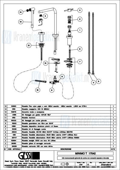Gessi Onderdelen MINIMO T 3-gats Keukenkraan Artikelnummer 17042.031 / 17042.149