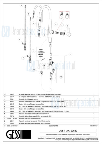 Gessi Onderdelen JUST 1-gats met LED Keukenkraan Artikelnummer 20580.031 / 20580.149
