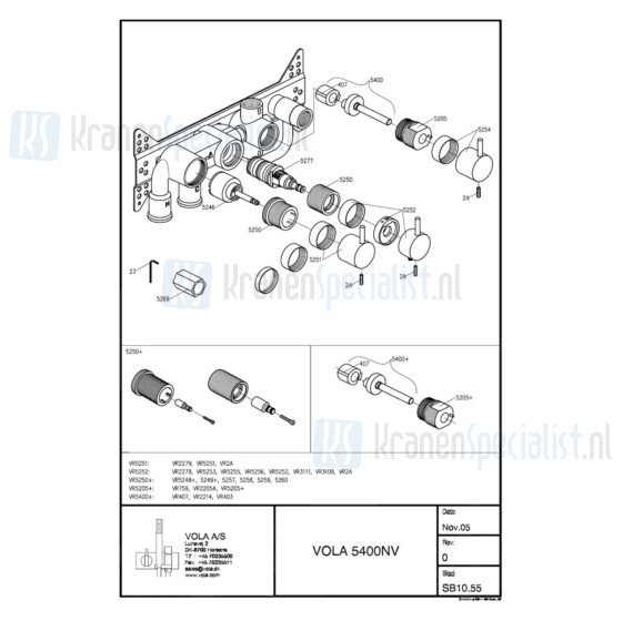 Vola Onderdelen Badthermostaat Type 5400NV Inbouwthermostaat met 3/4 aansluiting met omstel